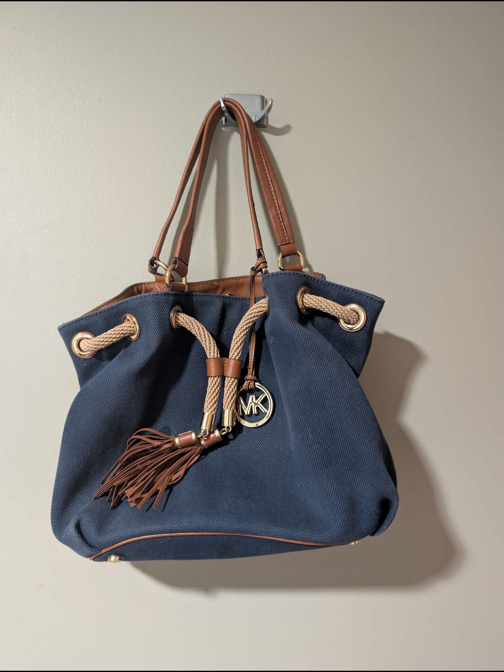 Michael Kors Navy Canvas Shoulder Bag with Brown Leather Trim